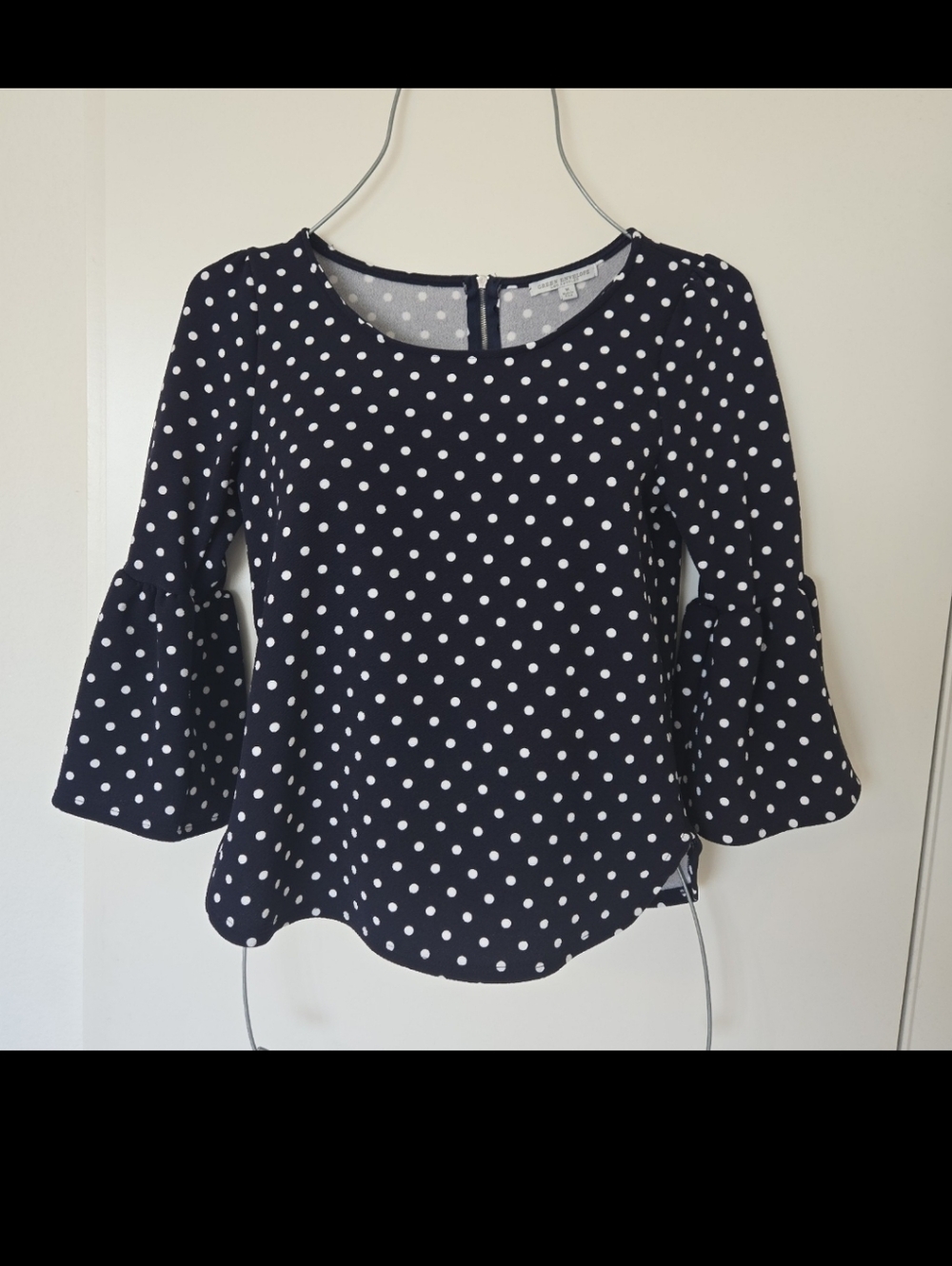 Green Envelope Navy and White Polka Dot Bell Sleeve Blouse